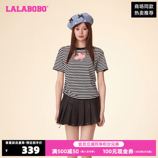 LALABOBO24夏季新款宽松休闲蛋糕黑白条纹短袖T恤女|CBDB-WSDT13