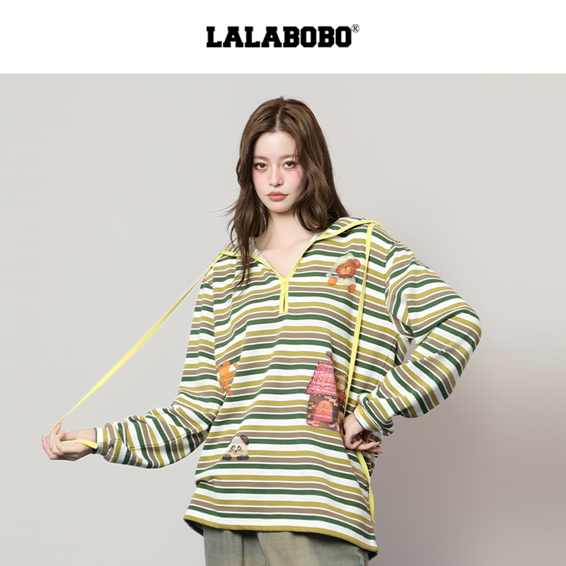 LALABOBO冯建宇复古小熊条纹卫衣