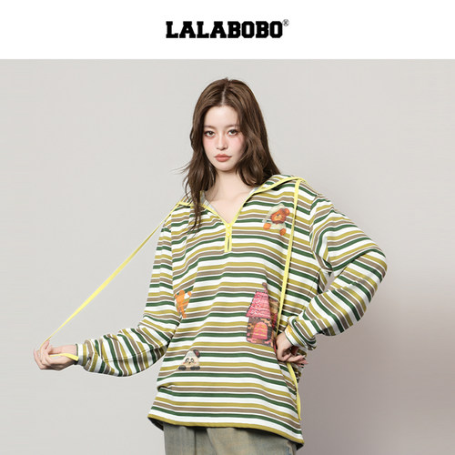 LALABOBO陈曌旭复古小熊条纹卫衣