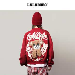 印花插肩上衣 LALABOBO25年春新年红棒球服女原创新款 商场同款