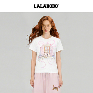 【西部小熊】LALABOBO短袖T恤26年春新潮原创奶油风圆领印花上衣