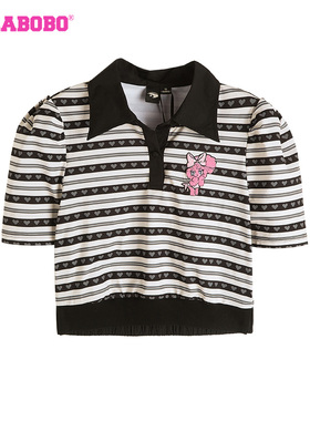 LALABOBO26夏季新款可爱百搭休闲修身条纹翻领短袖T恤LBDB-WSDT44