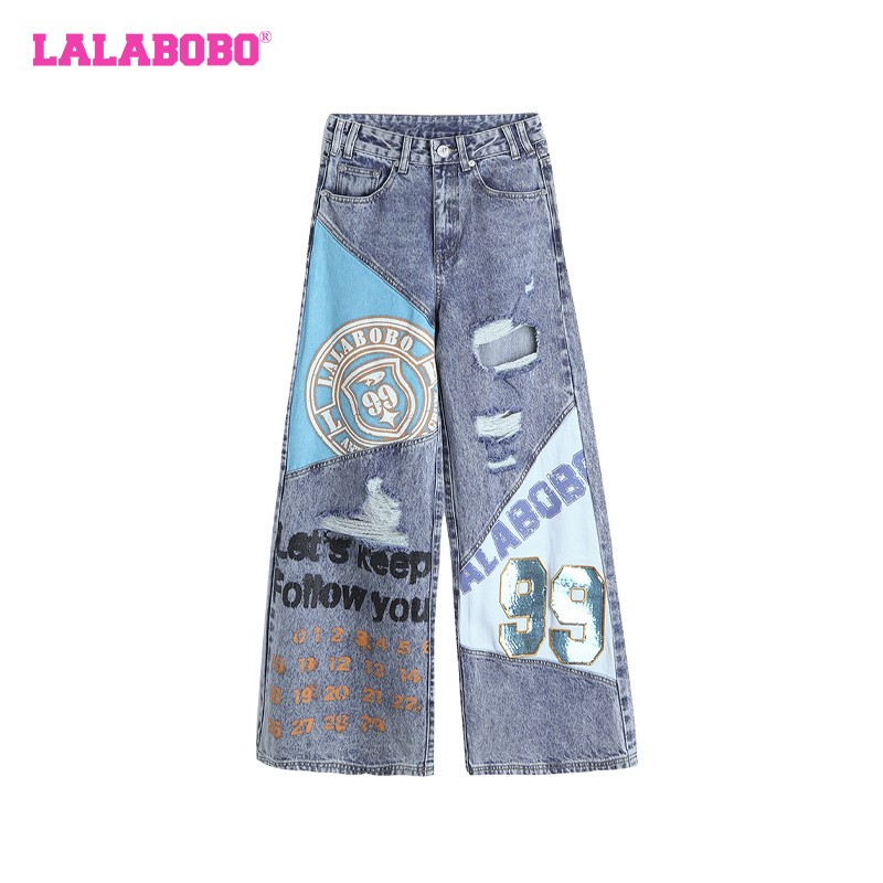 LALABOBO苏新皓牛仔长裤撞色拼接