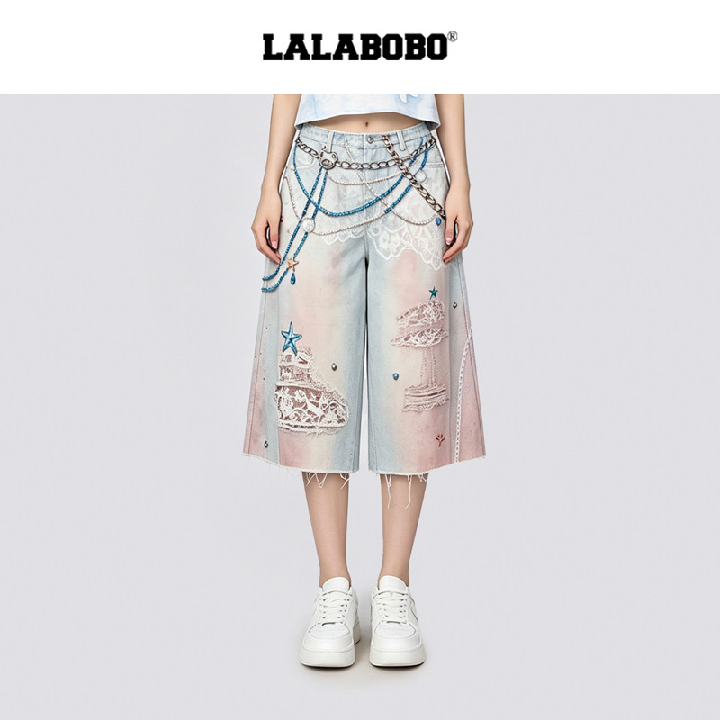 LALABOBO张泽禹链条视错五分牛仔