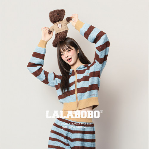 LALABOBO条纹开襟连帽毛织