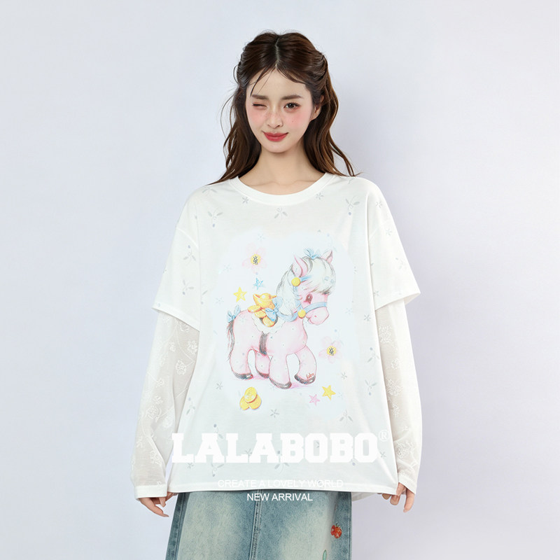 LALABOBO粉色小马假两件长袖T恤