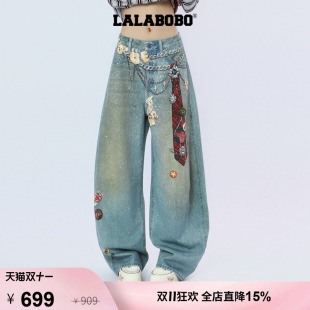 【视错】LALABOBO牛仔裤女26秋新格纹领带金属链条立体徽章阔腿裤