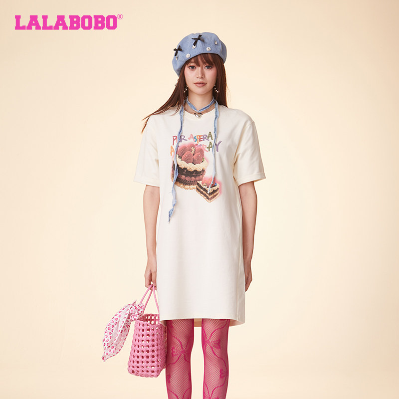 LALABOBO26春夏新品圆领套头蛋糕图案长款T恤连衣裙|CB