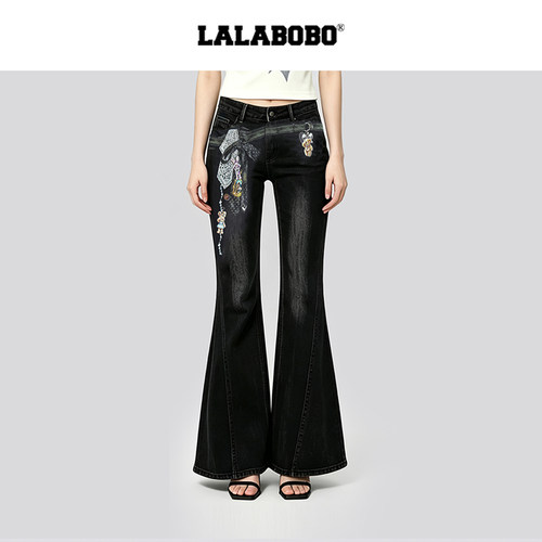 LALABOBO视错微喇牛仔裤