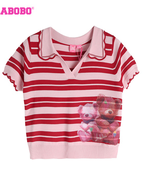 LALABOBO24夏新款可爱甜美立体熊条纹毛织短袖T恤女|LBDB-WSTM19