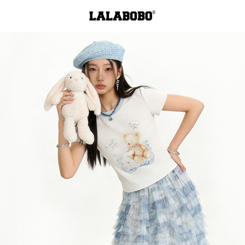 【西部小熊】LALABOBO修身短袖T恤26年夏新潮原创复古风印