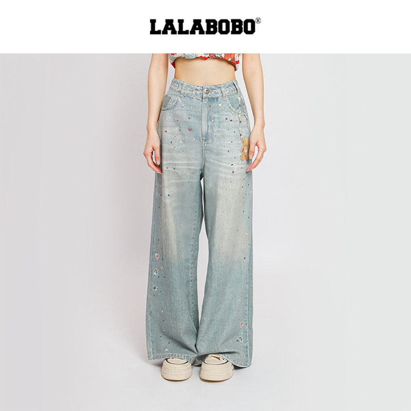 【彩钻小熊】LALABOBO牛仔裤26年夏新直筒微阔彩钻印花显腿