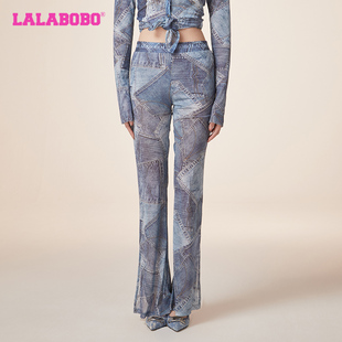 LBDA 复古运动风LALABOBO24春季 女 中腰网纱针织休闲裤 WSDT15 新款