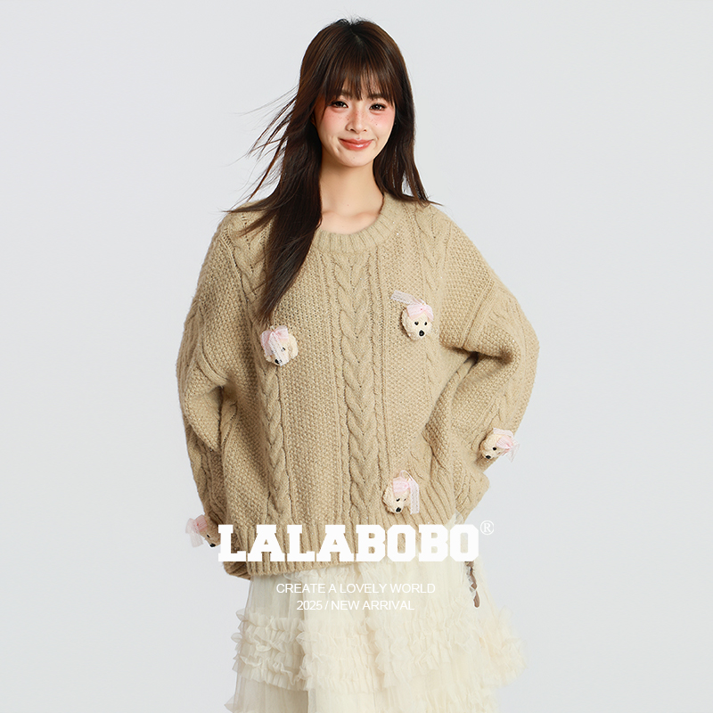 LALABOBO立体小狗亮片毛织套头