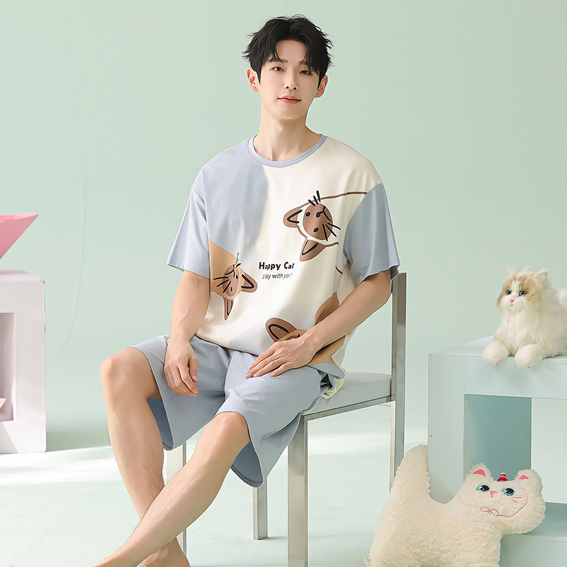 纯棉男士睡衣夏季2026新款卡通青少年短袖短裤大码男款家居服套装