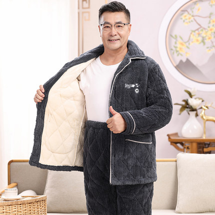 中老年睡衣男士秋冬季珊瑚绒爸爸加绒保暖三层加厚棉袄套装家居服