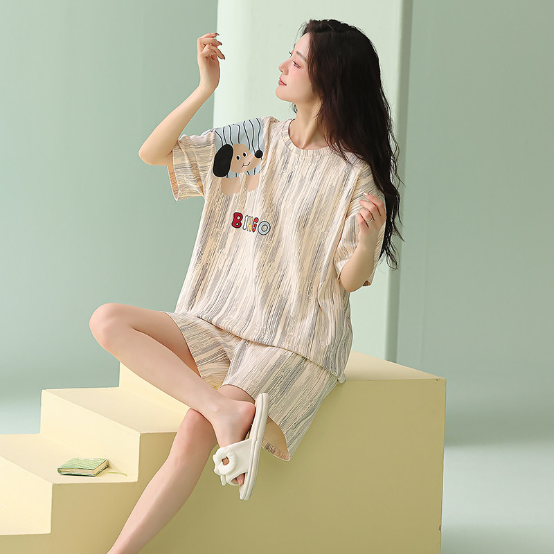 纯棉睡衣女款2026新款夏季薄款可爱条纹短袖短裤可外穿家居服套装