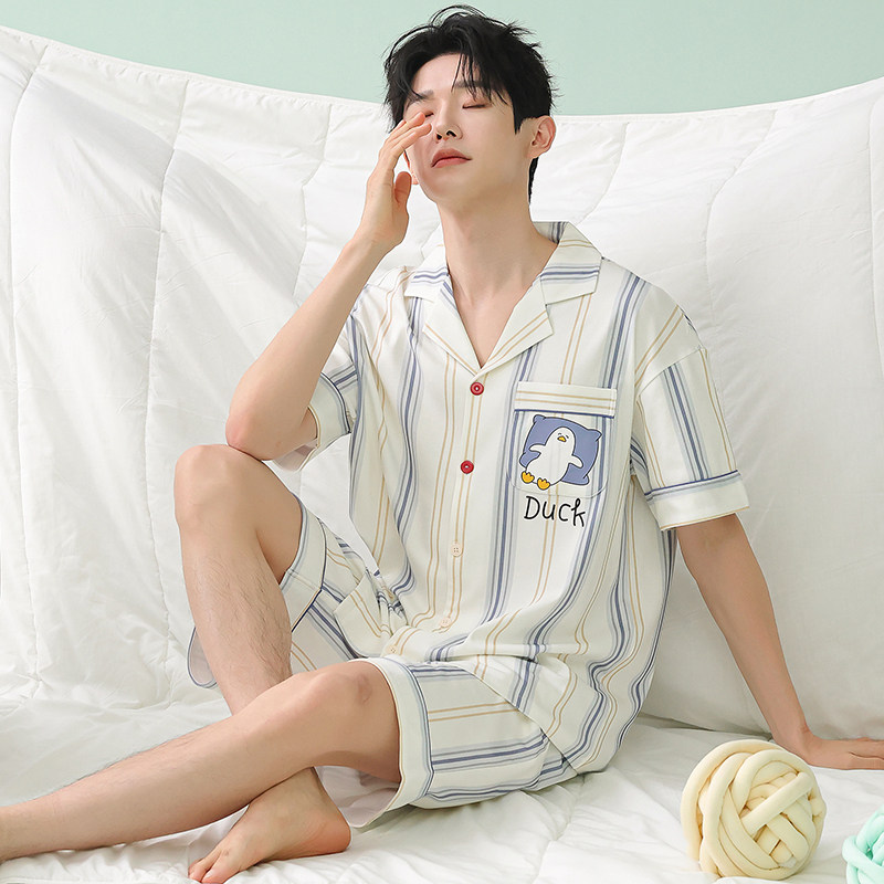 纯棉男士睡衣2026新款夏季条纹卡通短袖短裤可外穿大码家居服套装