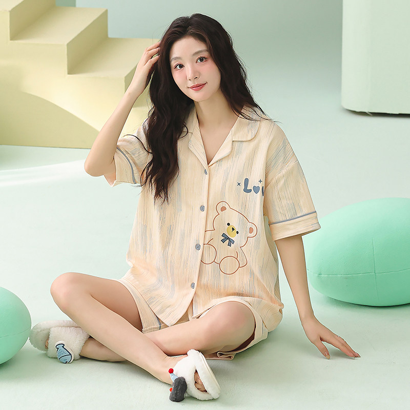 纯棉睡衣女款2026新款夏季薄款可爱条纹短袖短裤可外穿家居服套装