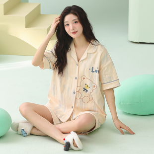 薄款 夏季 可爱条纹短袖 短裤 纯棉睡衣女款 可外穿家居服套装 2026新款