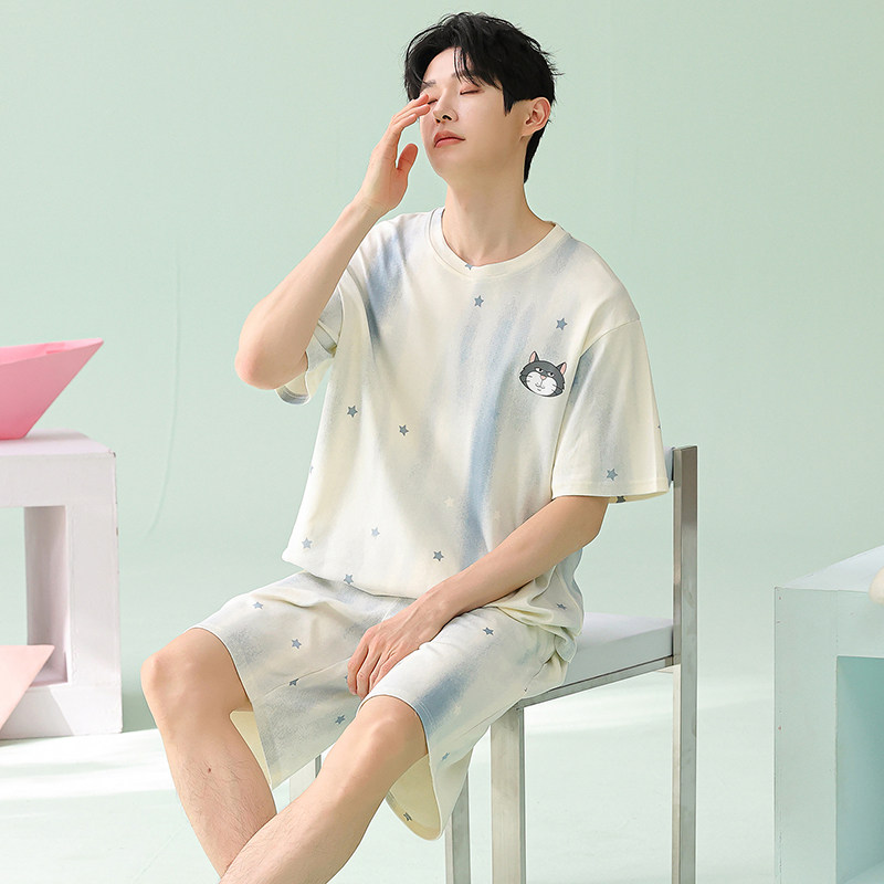 纯棉男士睡衣夏季2026新款卡通可爱青少年短袖短裤男款家居服套装