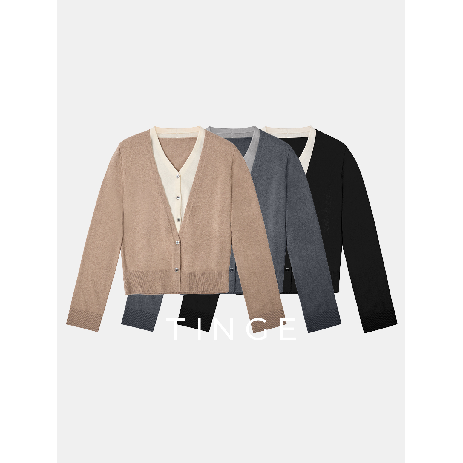 TINGE贴己英伦风羊毛V领开衫女早秋假两件cleanfit针织衫毛衣外套