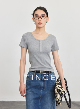 TINGE贴己美式复古知识分子亨利衫短袖T恤女新款针织衫打底上衣