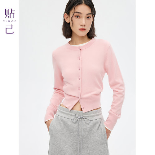 时髦露脐圆领含羊毛针织开衫女
