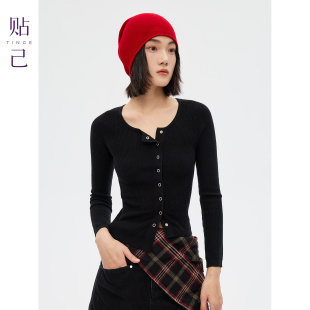 TINGE贴己不对称长袖小开衫修身可机洗针织衫女秋冬25年新款上衣