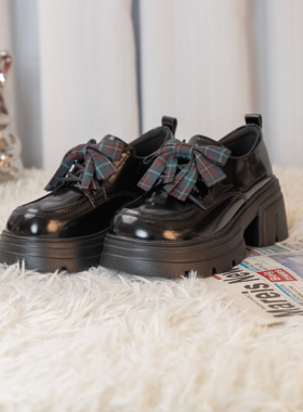 学院风蝴蝶结厚底乐福鞋女黑色小皮鞋百搭增高通勤鞋 237A8499