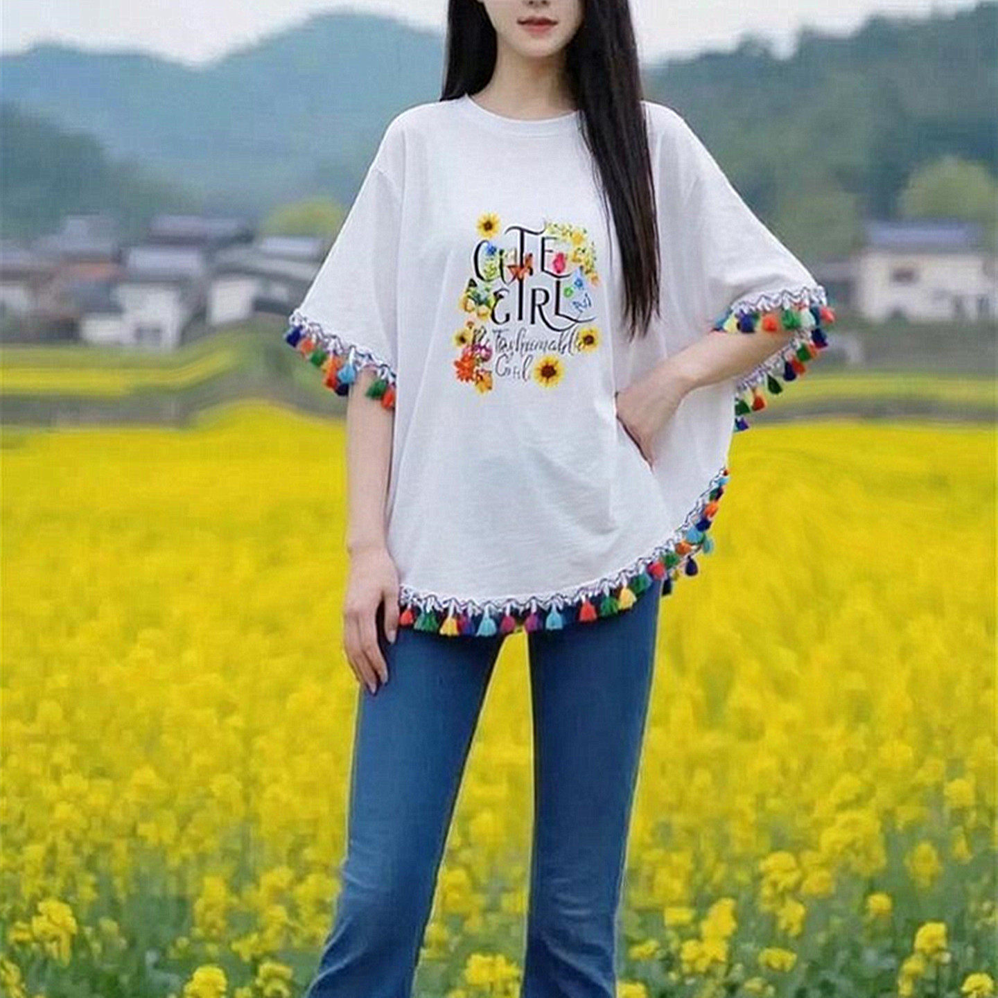 夏季新款女式全棉T恤五分袖国风印花小众民族风流苏上衣蝙蝠衫女