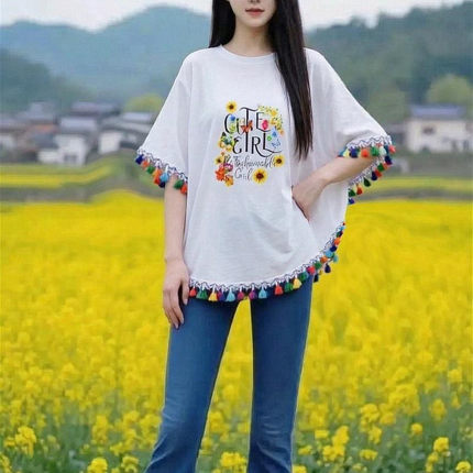 夏季新款女式全棉T恤五分袖国风印花小众民族风流苏上衣蝙蝠衫女