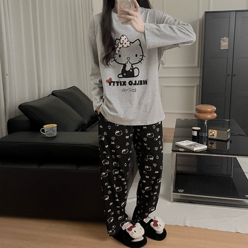 高级灰KT猫睡衣女长袖长裤卡通纯棉圆领学生家居服休闲套装可外穿