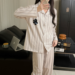 高级灰条纹小黑猫纯棉情侣睡衣女春季长袖可爱风学生家居服套装