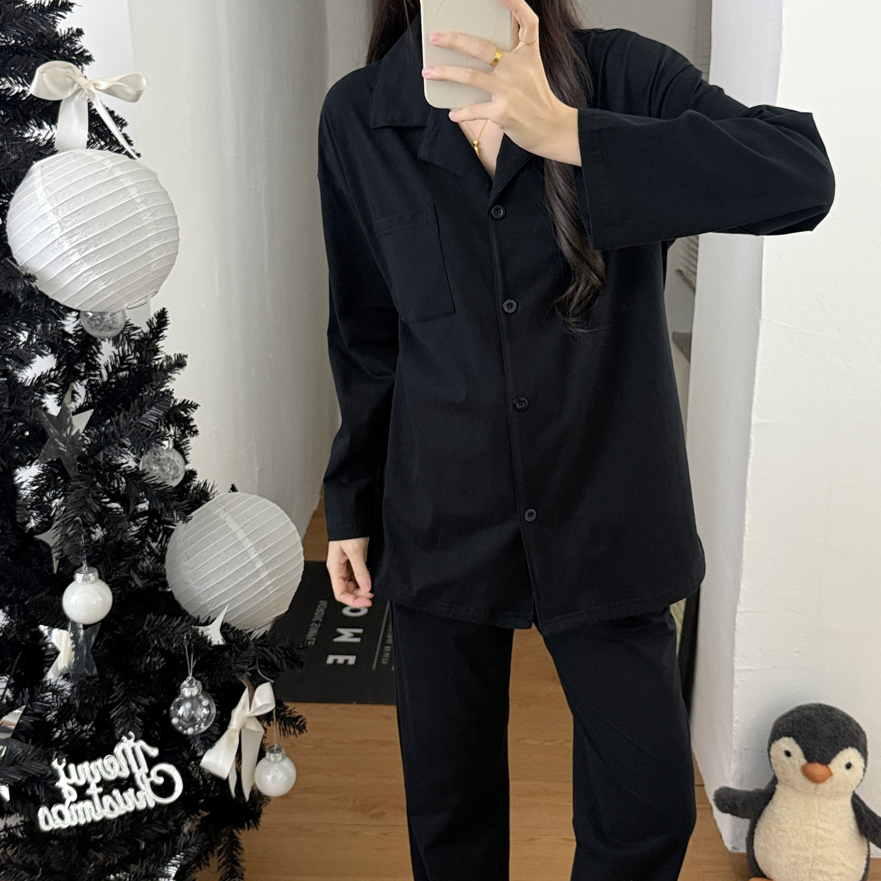 春季柔软黑色情侣纯棉睡衣女长袖翻领开衫休闲风家居服套装可外穿