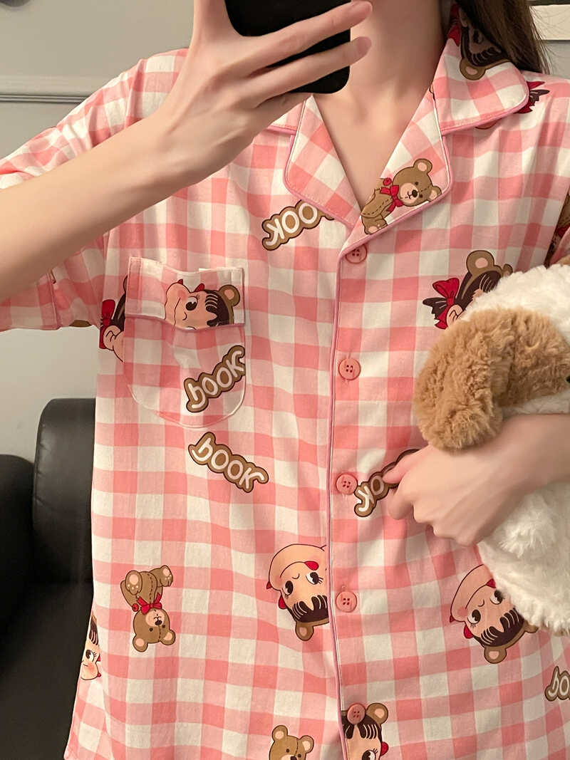 韩版夏季短袖可爱睡衣女纯棉格子卡通不二家甜美学生家居服牛奶妹