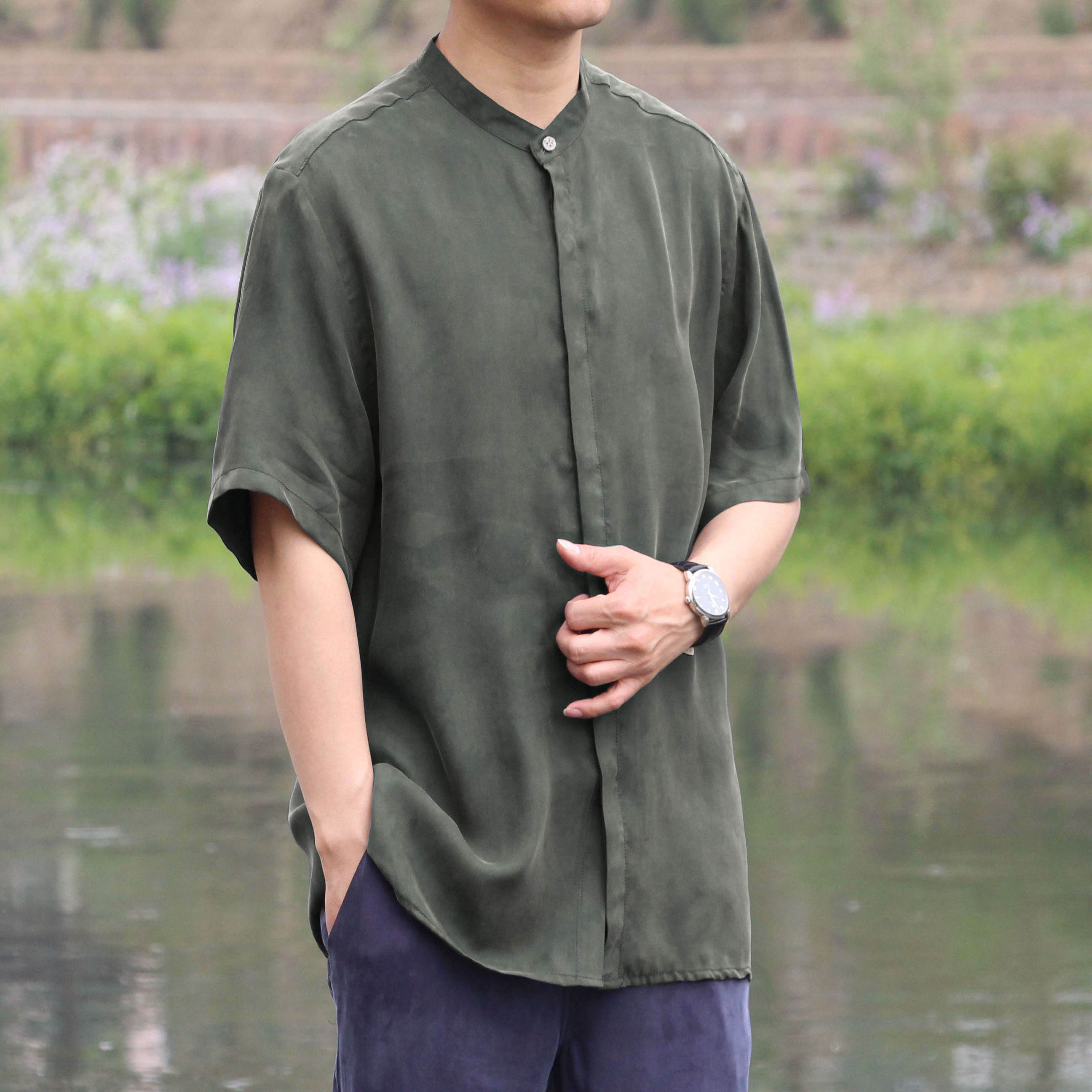 重磅真丝男新款唐装上衣中老年桑蚕丝短袖衬衫加肥大码铜氨丝衬衣