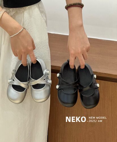 neko童鞋2025新款女童银色皮鞋双带魔术贴软底防滑韩版单鞋公主