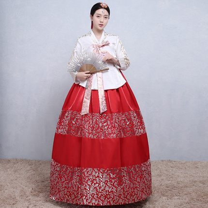 高档朝鲜服装刺绣花韩服女烫金韩国宫廷结婚礼服婚服表演出舞蹈服