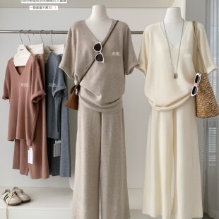 华夫格短袖套装女春夏新款法式慵懒风v领短袖针织衫阔腿裤两件套