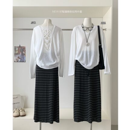 曾xiao咸 韩系条纹休闲a字半身裙女夏裙子新款百搭慵懒感条纹套装