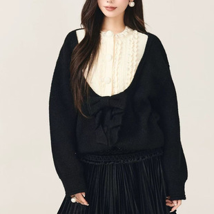 上衣 饰圆领针织开衫 2025秋冬新款 赫本风珍珠花边拼接蝴蝶结装