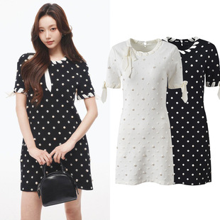 饰蝴蝶结系带圆领短袖 2025夏季 复古波点珍珠装 法式 针织连衣裙 新款