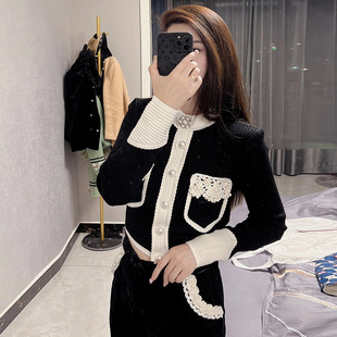 小香风外套 气质名媛重工花边珍珠扣圆领针织开衫 2024春季 新款