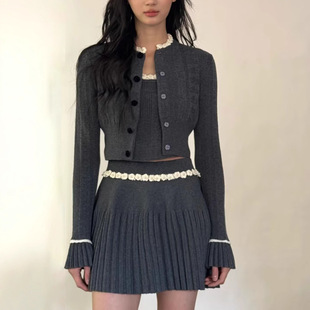 新款 背心 法式 饰显瘦收腰针织开衫 半身裙三件套 花边装 2025秋季