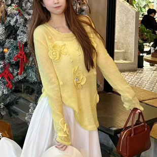 气质温柔减龄重工花朵百搭显瘦长袖 时尚 针织上衣 新款 2025秋季
