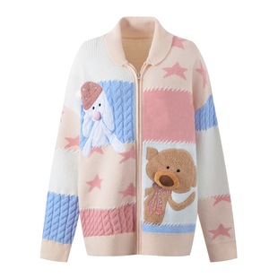 2024秋冬新款 设计感撞色提花立体熊兔甜美减龄宽松拉链针织开衫