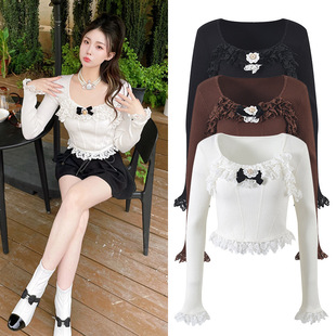 套头百搭打底衫 名媛修身 女25夏秋新款 宫廷风蕾丝边拼接白色针织衫