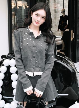 2024秋季新款重工钉珠假两件减龄百搭短款灰色针织开衫外套