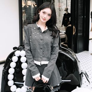 灰色针织开衫 重工钉珠假两件减龄百搭短款 外套 新款 2024秋季